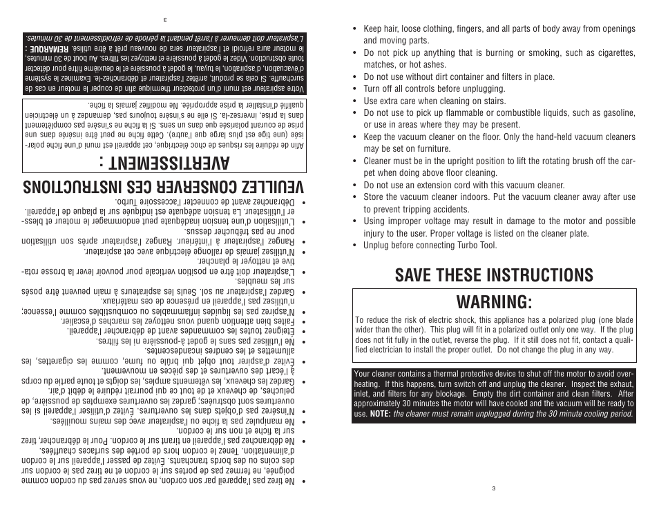 Save these instructions warning, Aver tissement, Veuillez conserver ces instructions | Dirt Devil Dirt Devil User Manual | Page 3 / 18