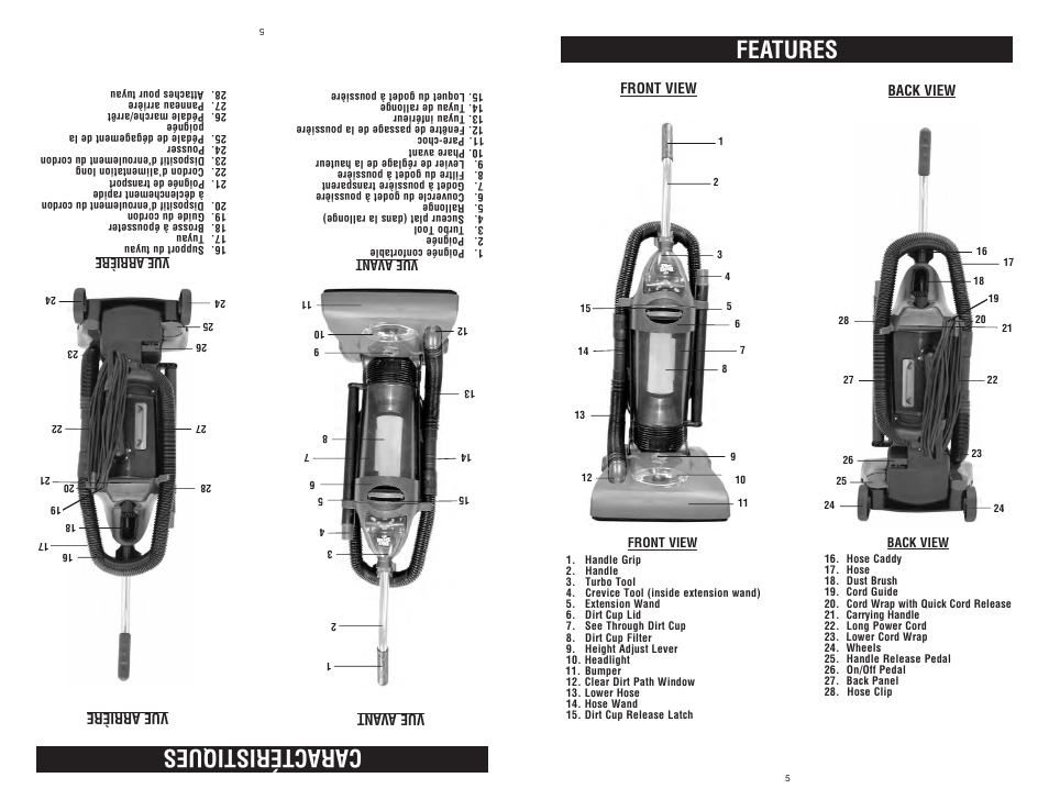 Features, Caractéristiques | Dirt Devil Dirt Devil User Manual | Page 5 / 18