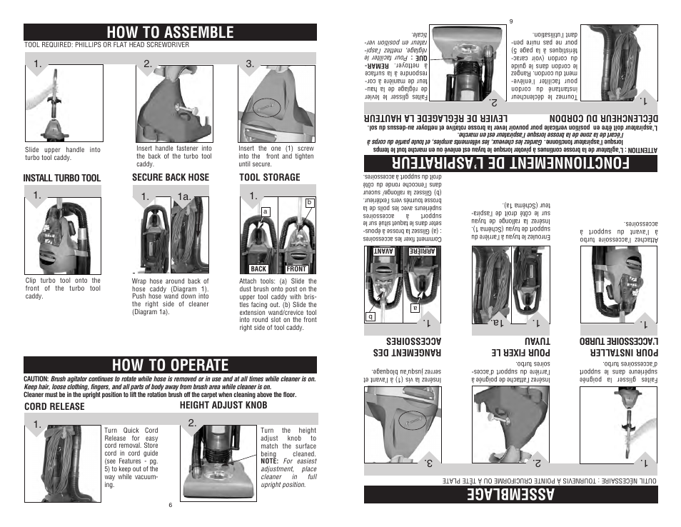 How to assemble, How to operate, Assemblage | Fonctionnement de l ’aspira teur | Dirt Devil Dirt Devil User Manual | Page 6 / 18