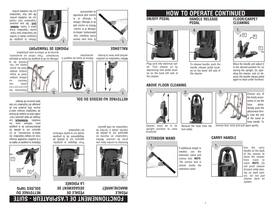 How to operate continued, Fonctionnement de l ’aspira teur - suite | Dirt Devil Dirt Devil User Manual | Page 7 / 18