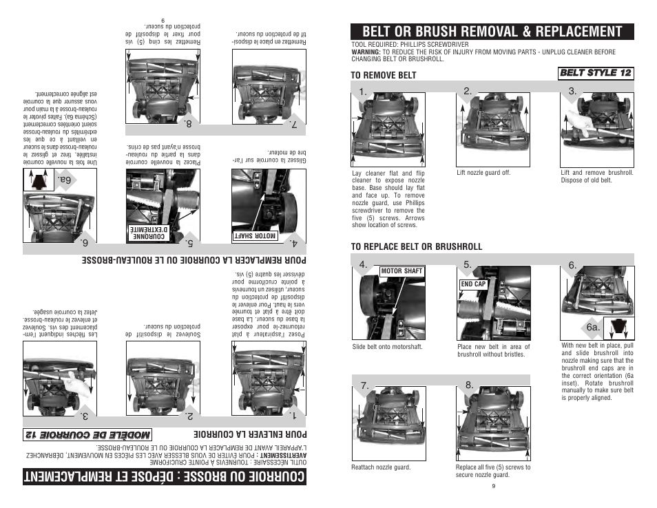 Belt or brush removal & replacement, Courroie ou brosse : dépose et remplacement | Dirt Devil Dirt Devil User Manual | Page 9 / 18