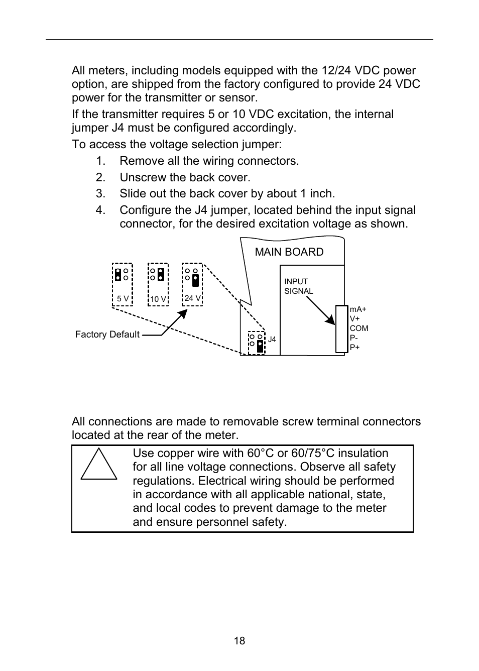 Transmitter supply voltage selection (p+, p-), Connections | Precision Digital PD6060 User Manual | Page 18 / 104