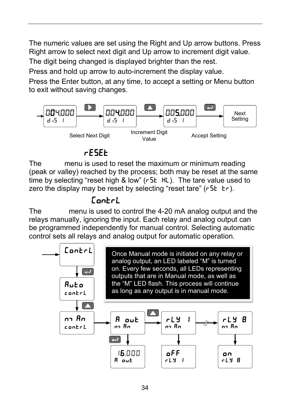 Setting numeric values, Reset menu ( reset ), Control menu ( contrl ) | Precision Digital PD6060 User Manual | Page 34 / 104