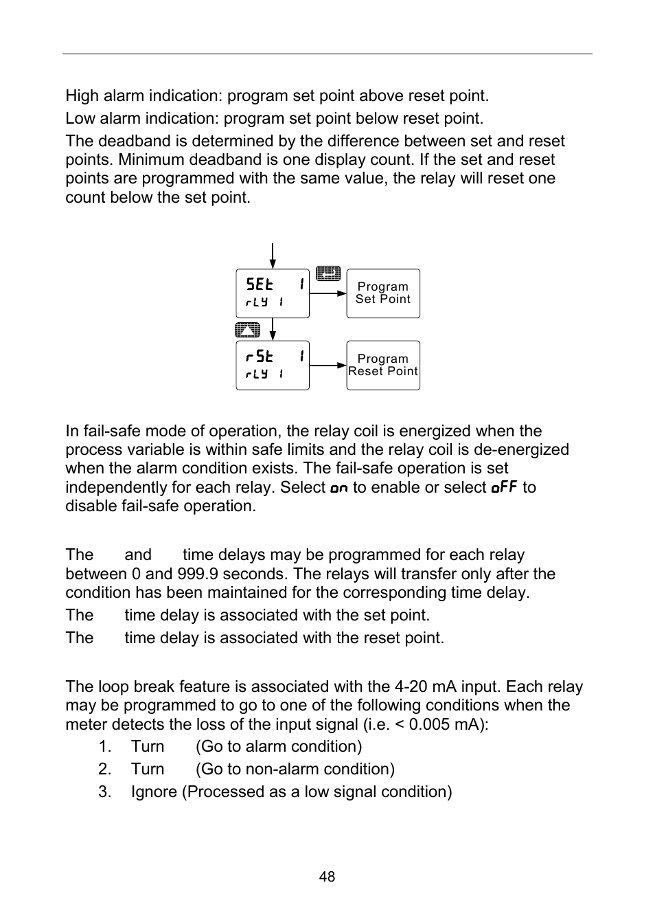 Programming set and reset points, Setting fail-safe operation, Programming time delay | Precision Digital PD6060 User Manual | Page 48 / 104