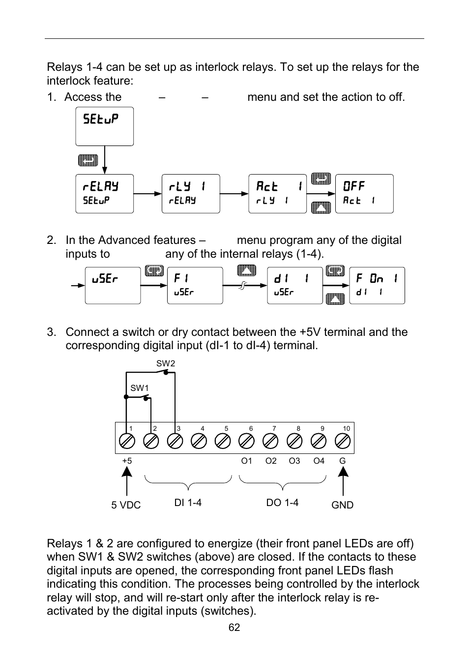 Setting up the interlock relay (force on) feature, Act 1, Setup relay | Rly 1, User f1, F on 1, Di 1 | Precision Digital PD6060 User Manual | Page 62 / 104