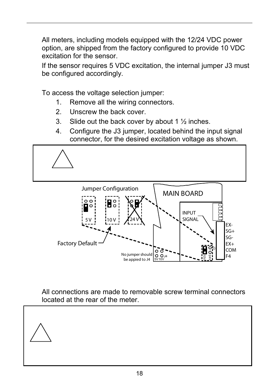 Sensor excitation voltage selection (ex+, ex-), Connections | Precision Digital PD6100 User Manual | Page 18 / 100