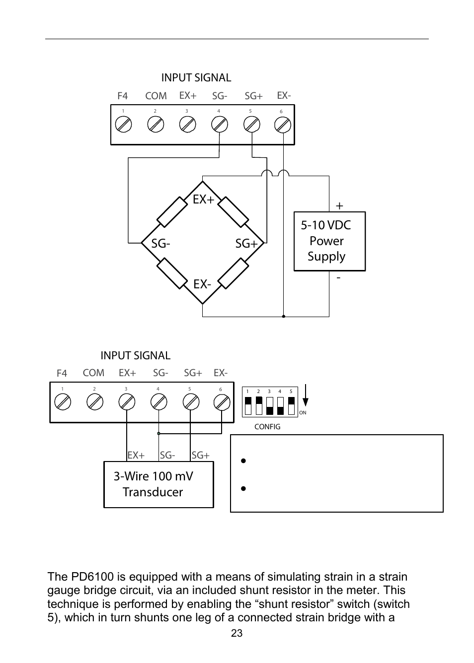 Shunt calibration, Ex+ ex- sg- sg, 10 vdc power supply | Wire 100 mv transducer | Precision Digital PD6100 User Manual | Page 23 / 100
