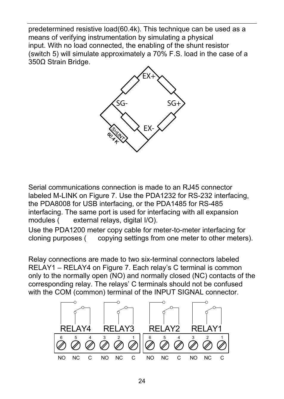 Relay4 relay3, Relay2 relay1, Modbus rtu serial communications | Relay connections, Ex+ ex- sg- sg | Precision Digital PD6100 User Manual | Page 24 / 100