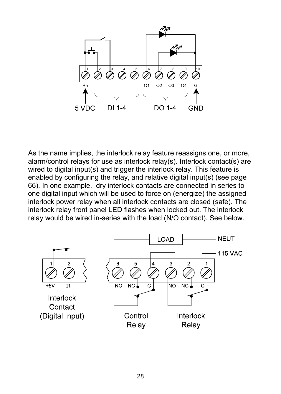 Interlock relay feature, Figure 21. digital i/o module connections, Figure 22. interlock connections | Precision Digital PD6100 User Manual | Page 28 / 100