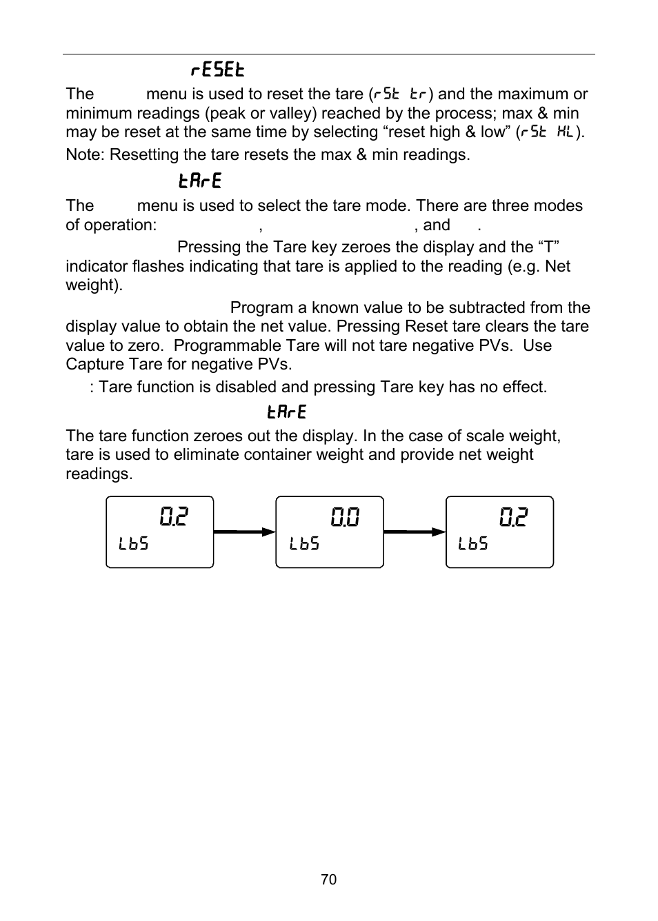 Reset menu ( reset ), Tare menu ( tare ) | Precision Digital PD6100 User Manual | Page 70 / 100