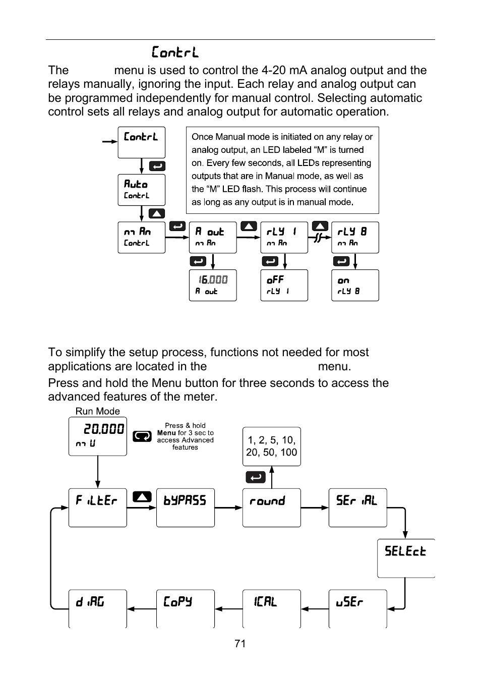 Control menu ( contrl ), Advanced features menu | Precision Digital PD6100 User Manual | Page 71 / 100