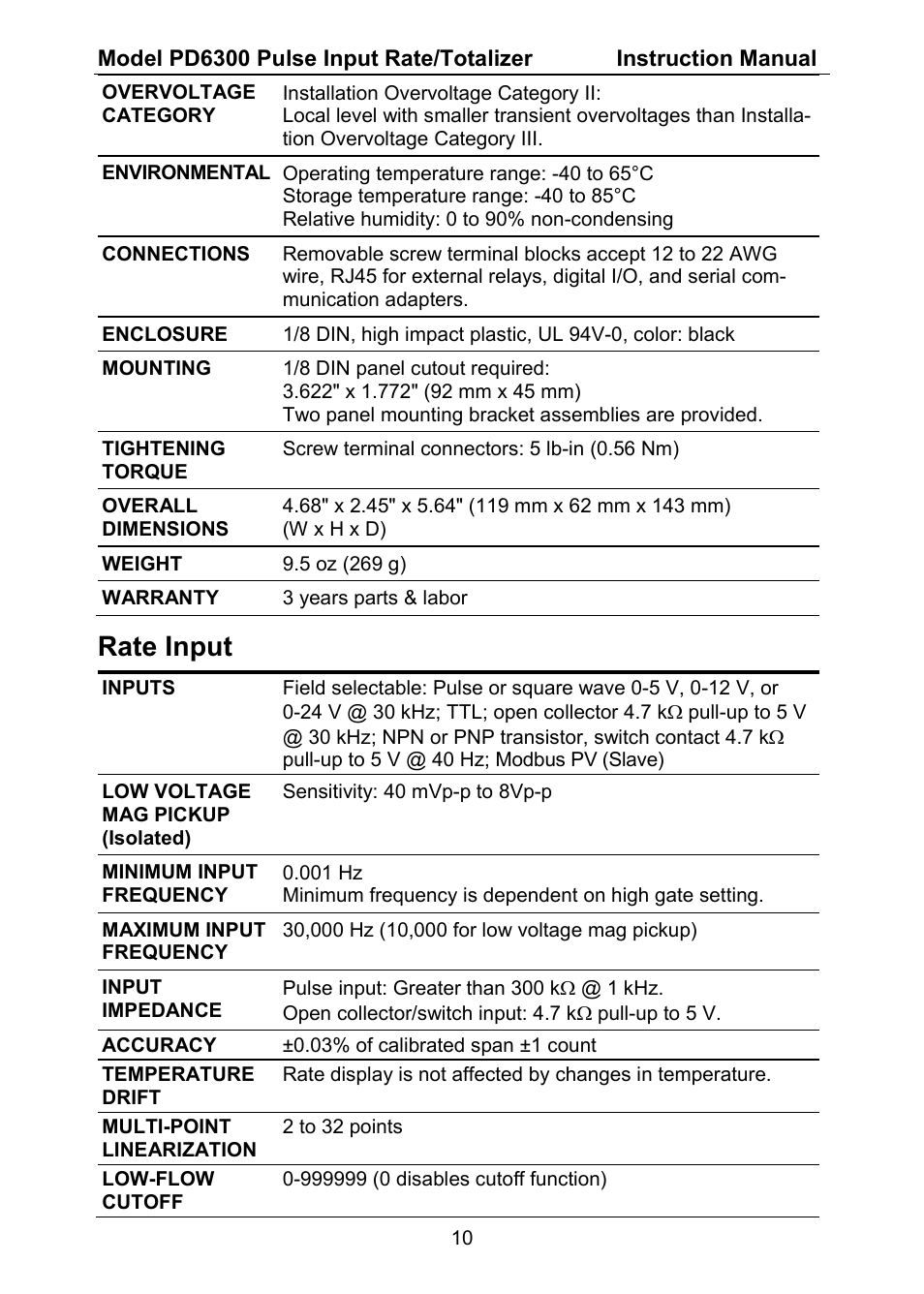 Rate input | Precision Digital PD6300 User Manual | Page 10 / 96