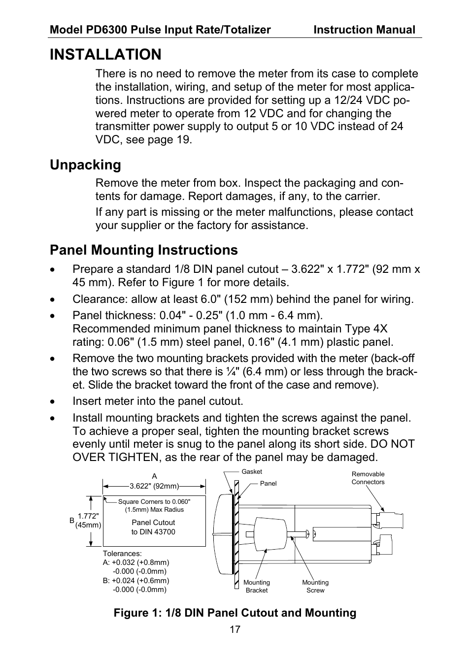 Installation, Unpacking, Panel mounting instructions | Figure 1: 1/8 din panel cutout and mounting | Precision Digital PD6300 User Manual | Page 17 / 96