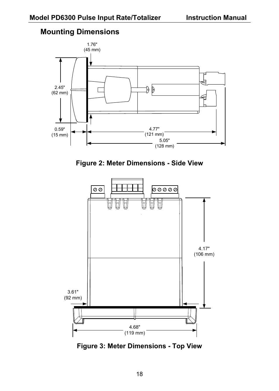 Mounting dimensions, Figure 2: meter dimensions - side view, Figure 3: meter dimensions - top view | Precision Digital PD6300 User Manual | Page 18 / 96