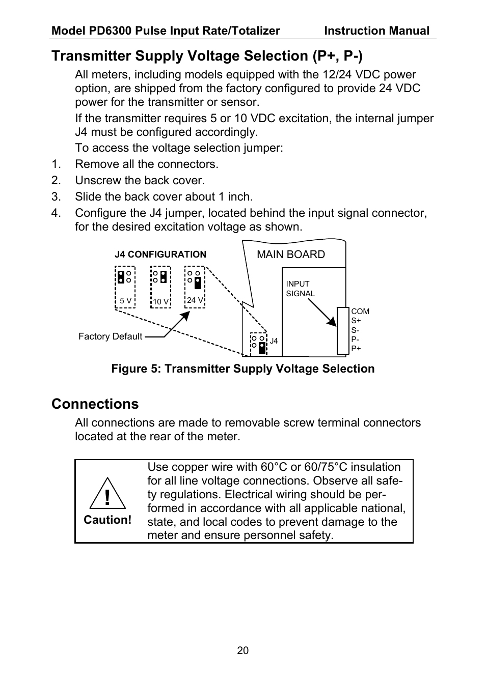 Transmitter supply voltage selection (p+, p-), Connections | Precision Digital PD6300 User Manual | Page 20 / 96