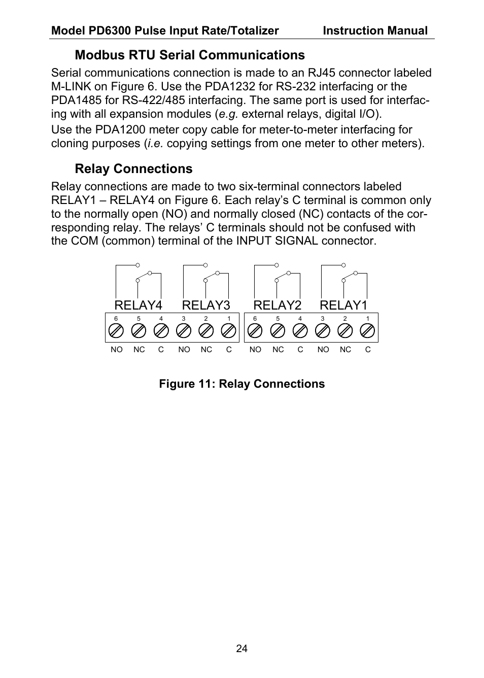 Modbus rtu serial communications, Relay connections, Relay4 relay3 | Relay2 relay1, Figure 11: relay connections | Precision Digital PD6300 User Manual | Page 24 / 96