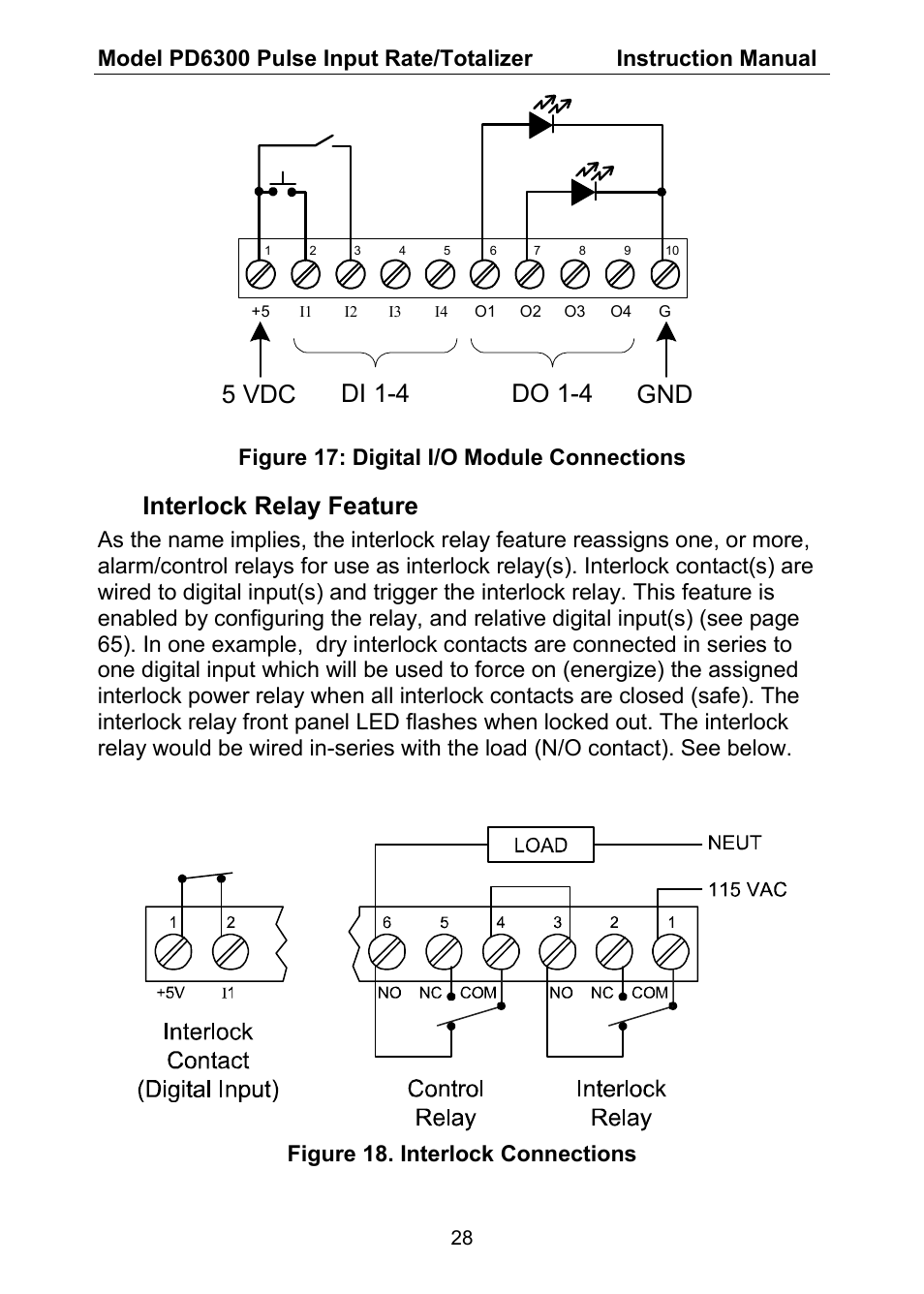 Interlock relay feature, Figure 17: digital i/o module connections, Figure 18. interlock connections | Precision Digital PD6300 User Manual | Page 28 / 96