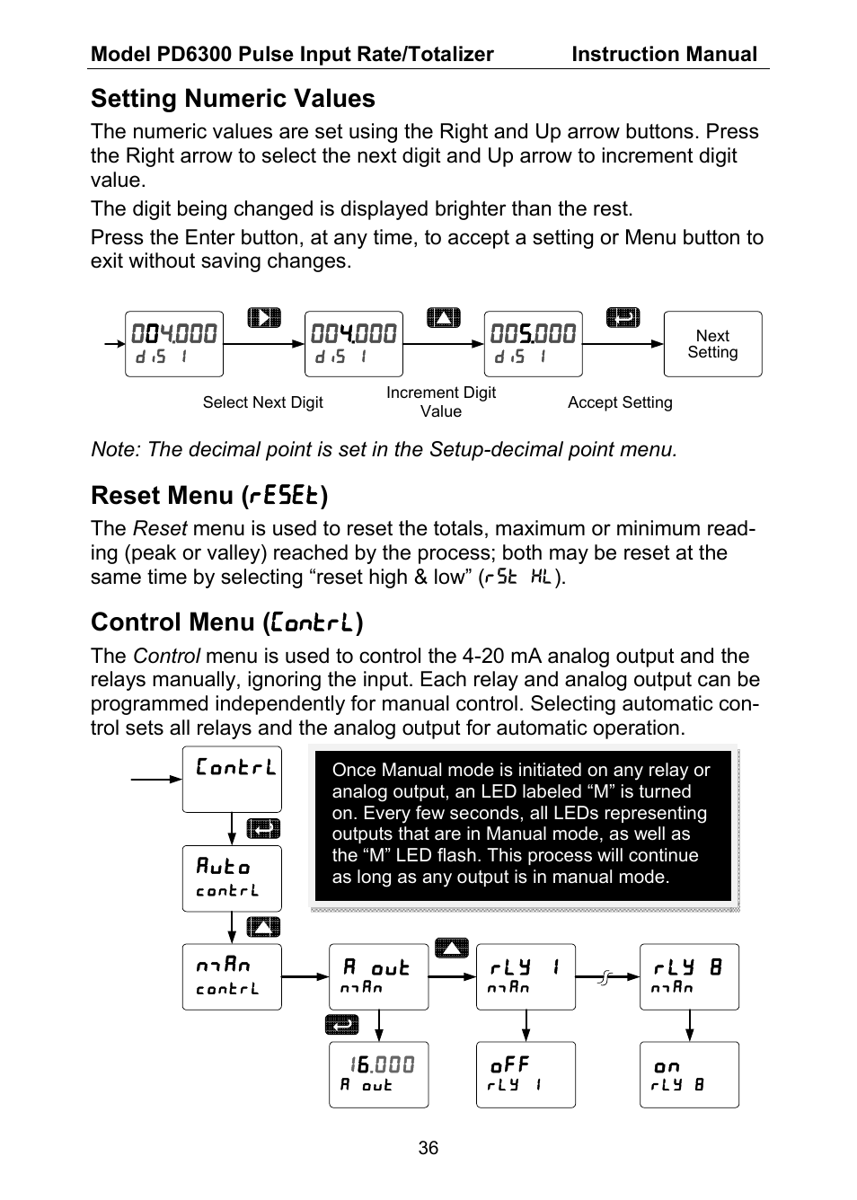 Setting numeric values, Reset menu ( reset ), Control menu ( contrl ) | Precision Digital PD6300 User Manual | Page 36 / 96