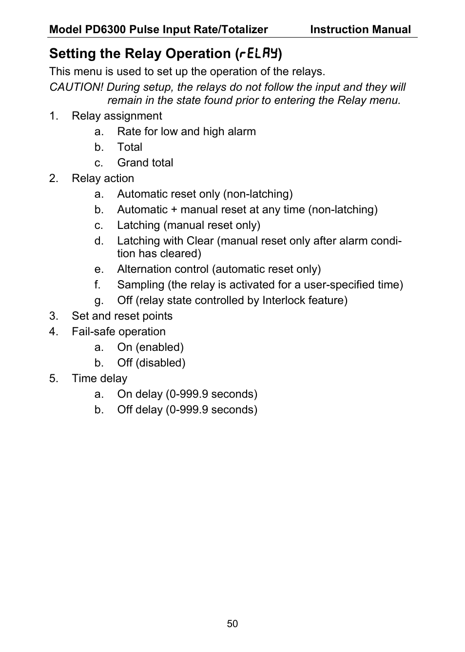 Setting the relay operation ( relay ) | Precision Digital PD6300 User Manual | Page 50 / 96