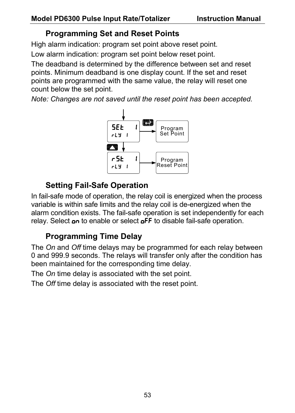 Programming set and reset points, Setting fail-safe operation, Programming time delay | Precision Digital PD6300 User Manual | Page 53 / 96