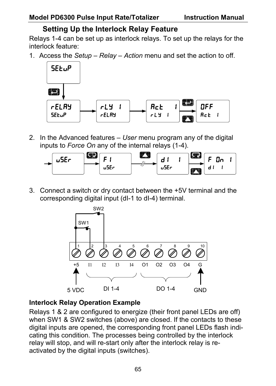 Setting up the interlock relay feature, Act 1, Setup relay | Rly 1, User f1, F on 1, Di 1 | Precision Digital PD6300 User Manual | Page 65 / 96
