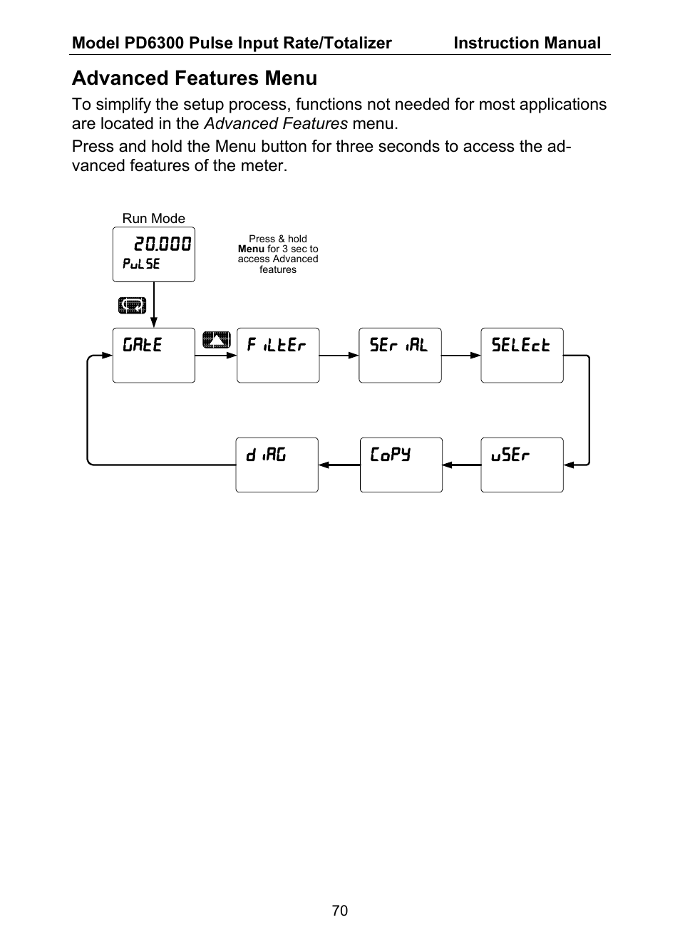 Advanced features menu | Precision Digital PD6300 User Manual | Page 70 / 96
