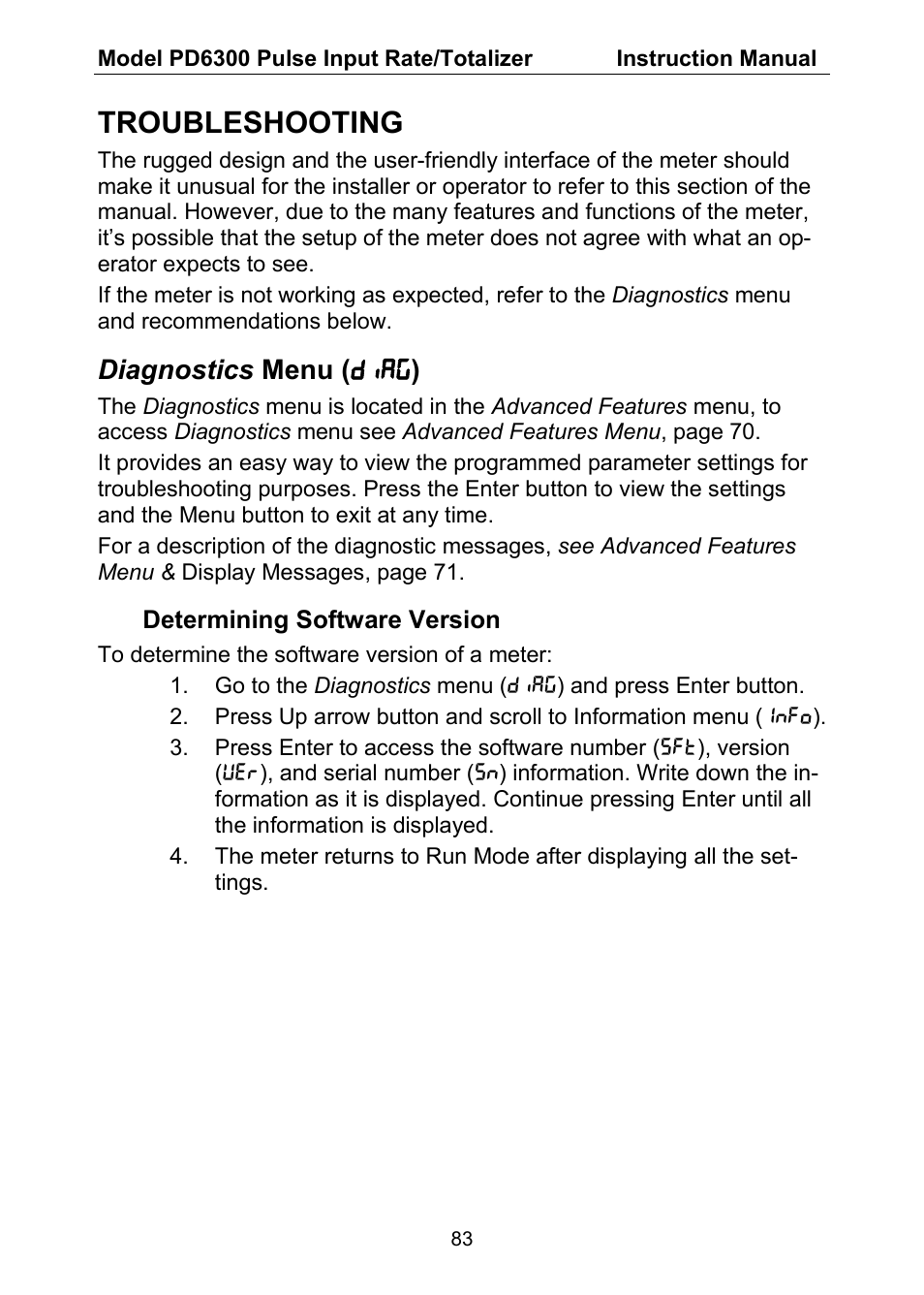 Troubleshooting, Diagnostics menu ( diag ) | Precision Digital PD6300 User Manual | Page 83 / 96