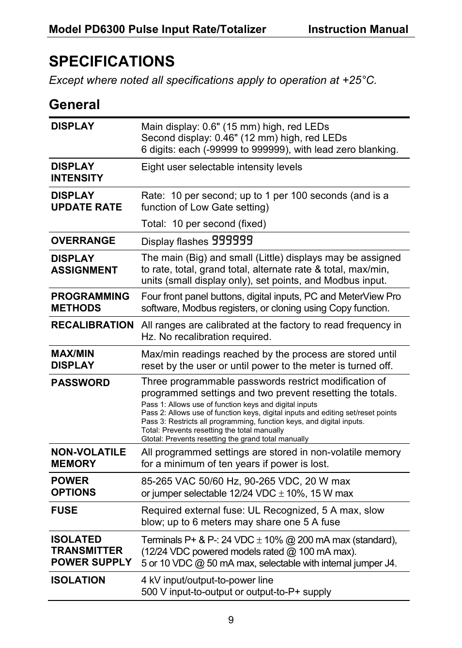 Specifications, General | Precision Digital PD6300 User Manual | Page 9 / 96