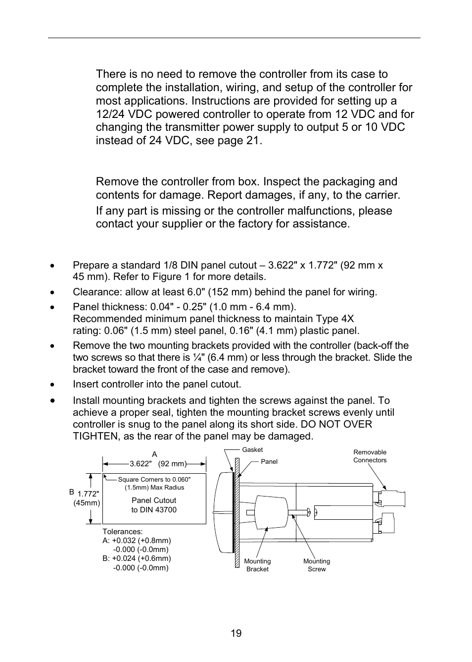 Installation, Unpacking, Panel mounting instructions | Figure 1: 1/8 din panel mounting | Precision Digital PD6310 User Manual | Page 19 / 100
