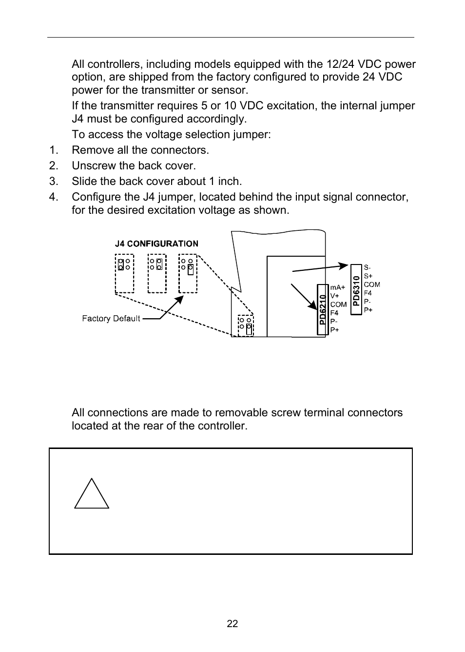 Transmitter supply voltage selection (p+, p-), Connections | Precision Digital PD6310 User Manual | Page 22 / 100