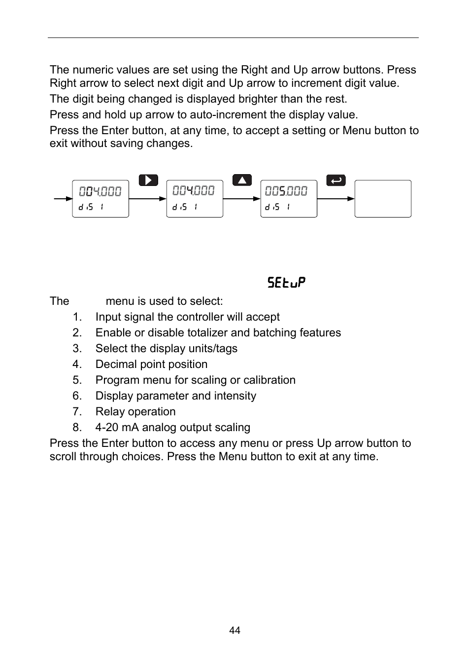 Setting numeric values, Setting up the batch controller ( setup ) | Precision Digital PD6310 User Manual | Page 44 / 100