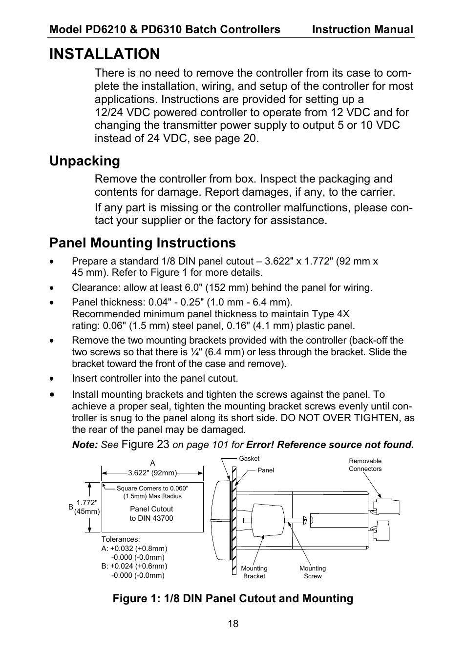 Installation, Unpacking, Panel mounting instructions | Figure 23, Figure 1: 1/8 din panel cutout and mounting | Precision Digital PD6310 User Manual | Page 18 / 104