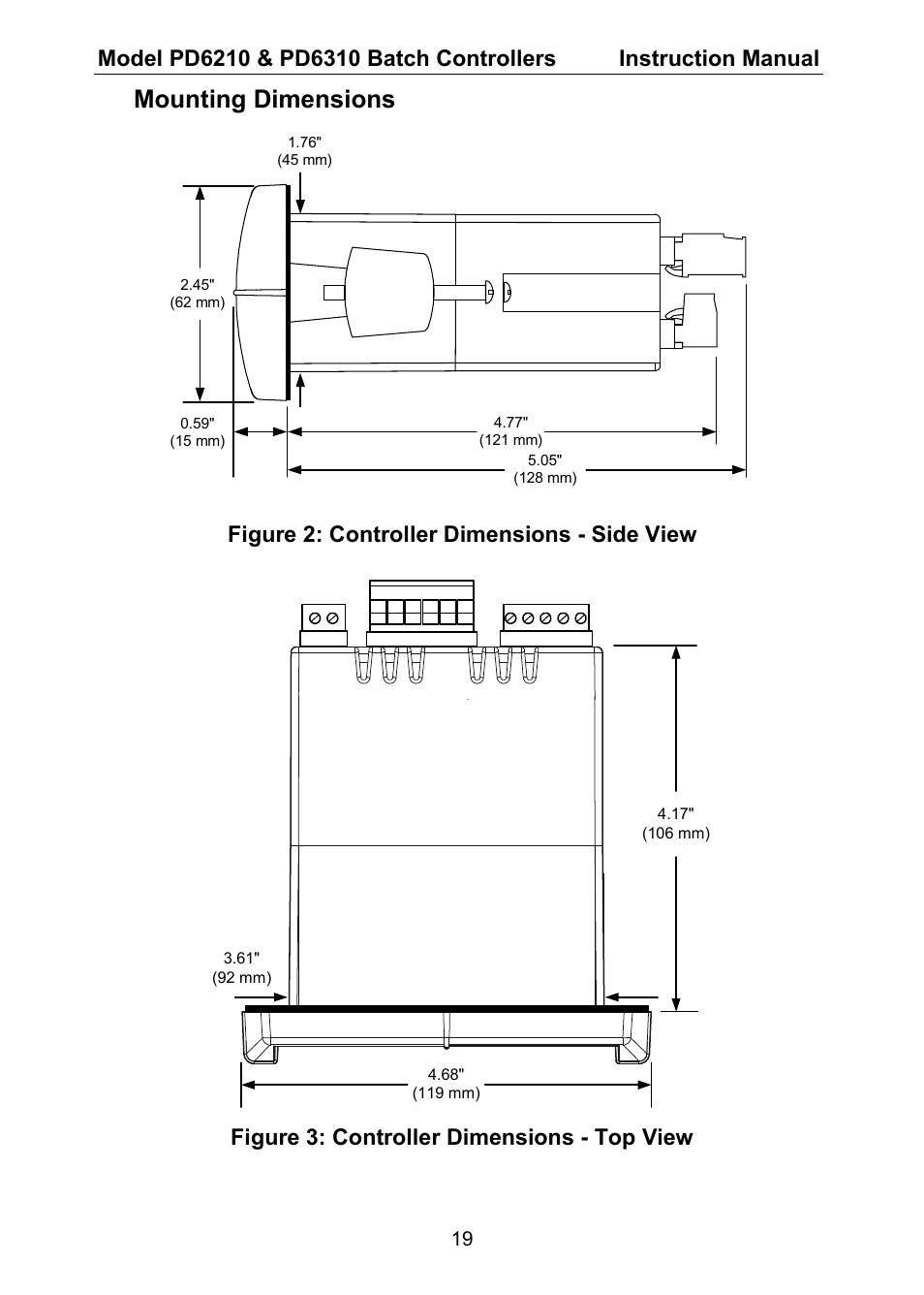 Mounting dimensions, Figure 2: controller dimensions - side view, Figure 3: controller dimensions - top view | Precision Digital PD6310 User Manual | Page 19 / 104