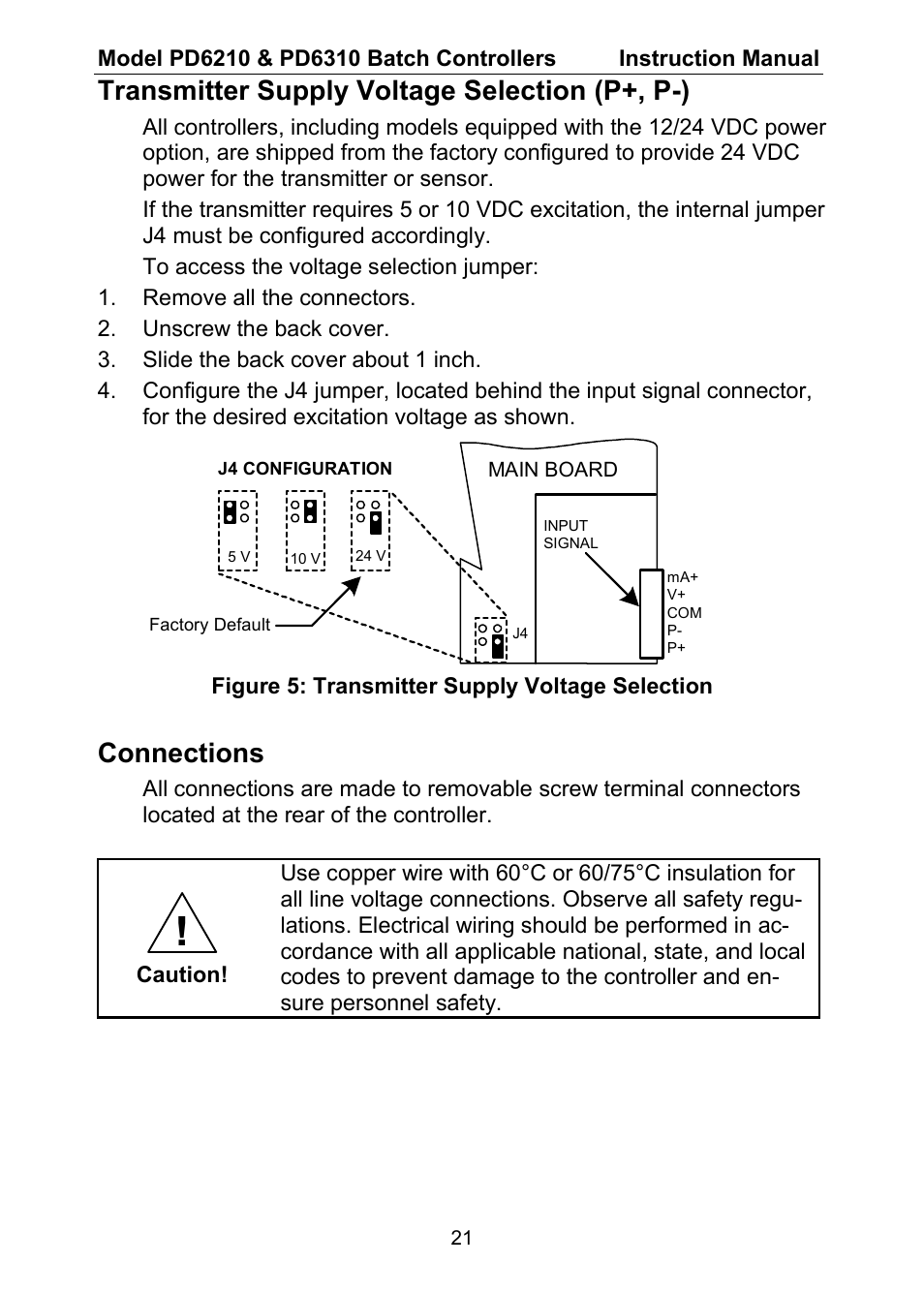 Transmitter supply voltage selection (p+, p-), Connections | Precision Digital PD6310 User Manual | Page 21 / 104