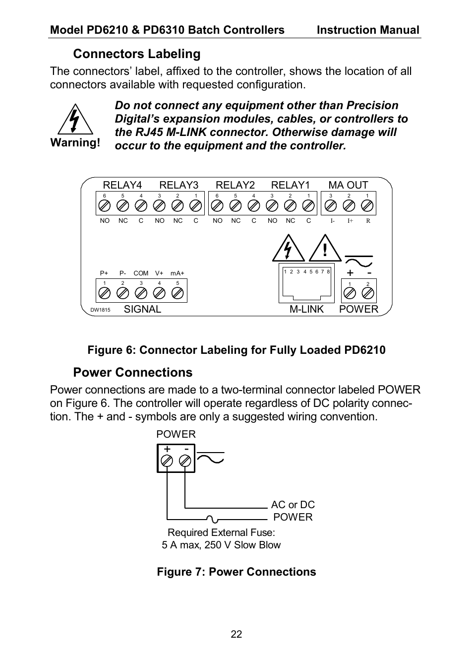 Connectors labeling, Power connections, Figure 7: power connections | Ma out, Power, Signal, M-link, Relay4 relay3, Relay2 relay1 | Precision Digital PD6310 User Manual | Page 22 / 104