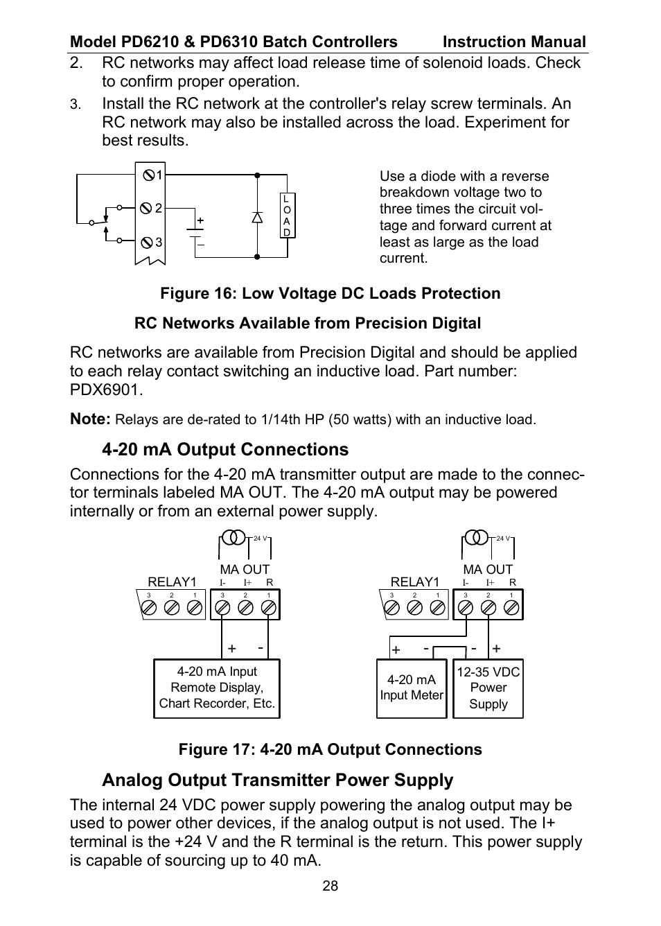 20 ma output connections, Analog output transmitter power supply | Precision Digital PD6310 User Manual | Page 28 / 104