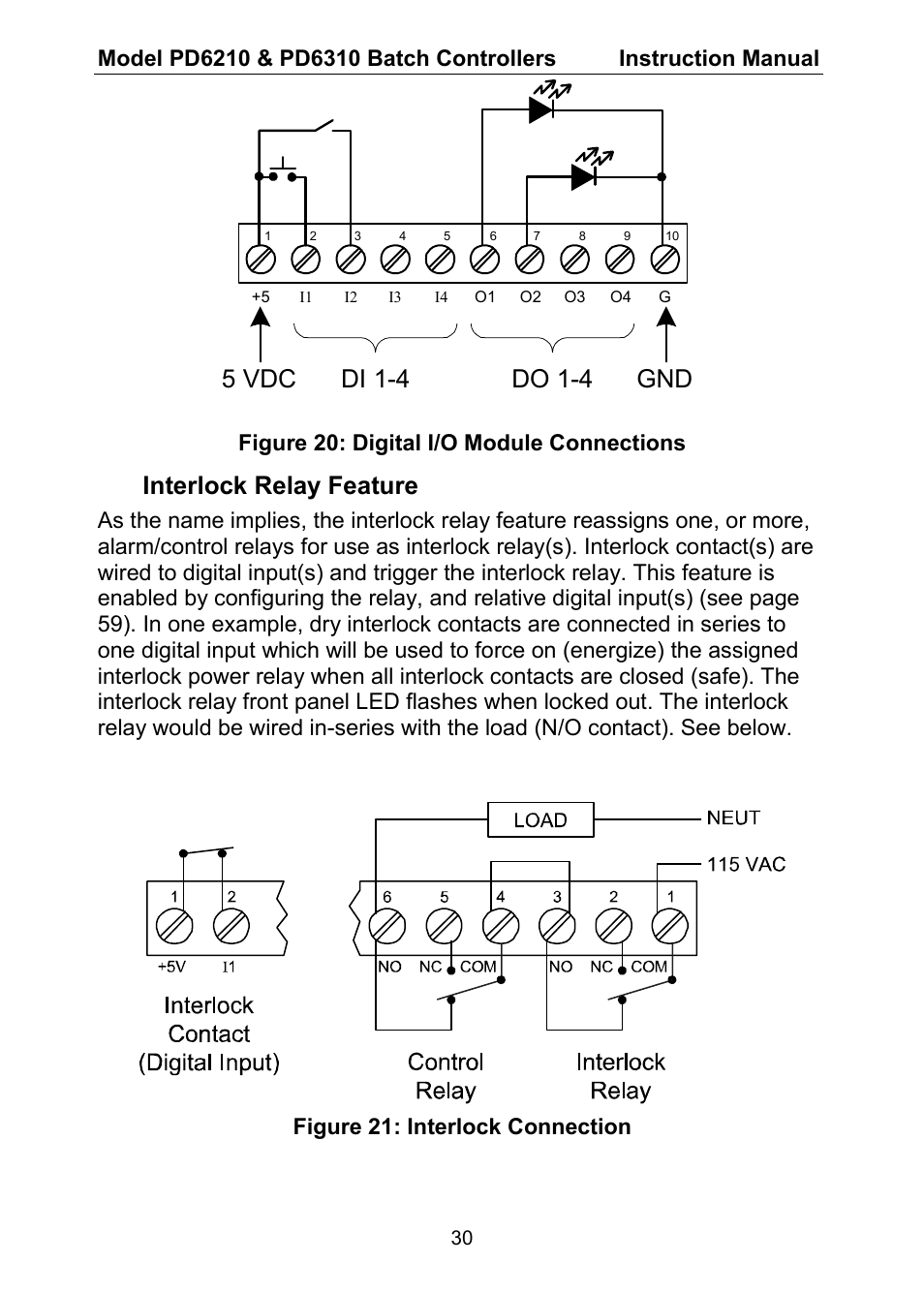 Interlock relay feature, Figure 20: digital i/o module connections, Figure 21: interlock connection | Precision Digital PD6310 User Manual | Page 30 / 104