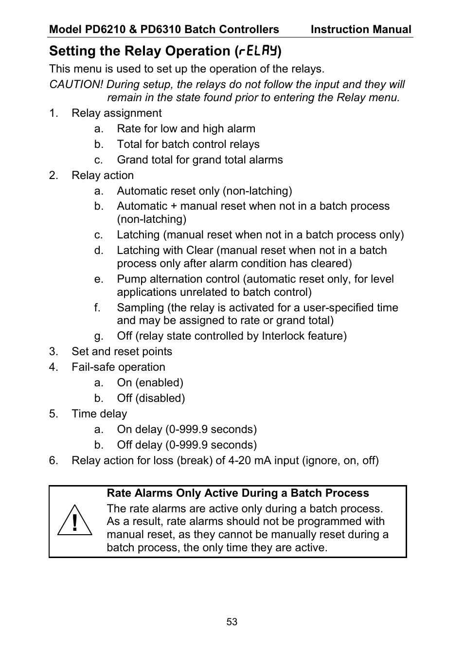 Setting the relay operation ( relay ) | Precision Digital PD6310 User Manual | Page 53 / 104