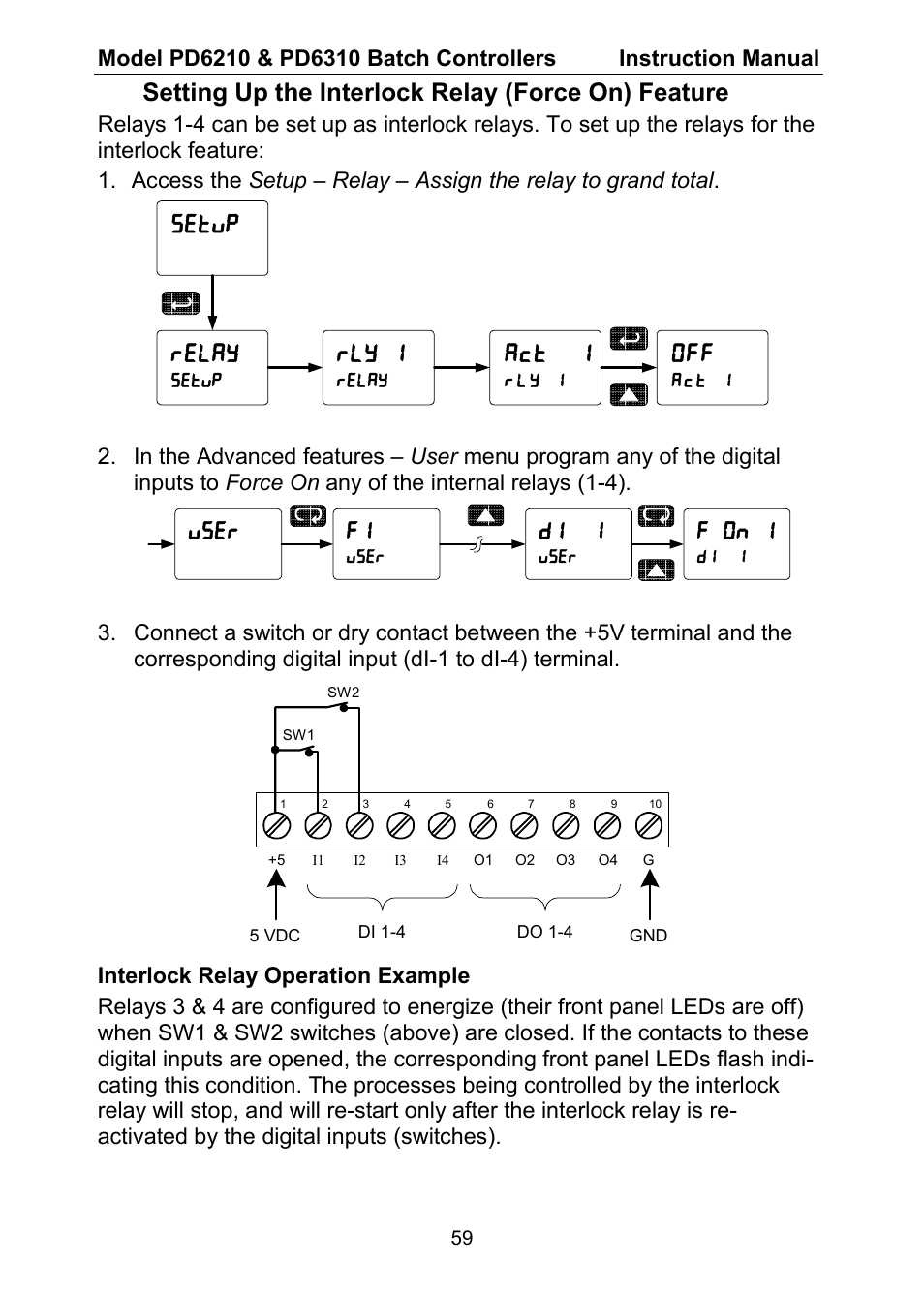 Setting up the interlock relay (force on) feature, Act 1, Setup relay | Rly 1, User f1, F on 1, Di 1 | Precision Digital PD6310 User Manual | Page 59 / 104