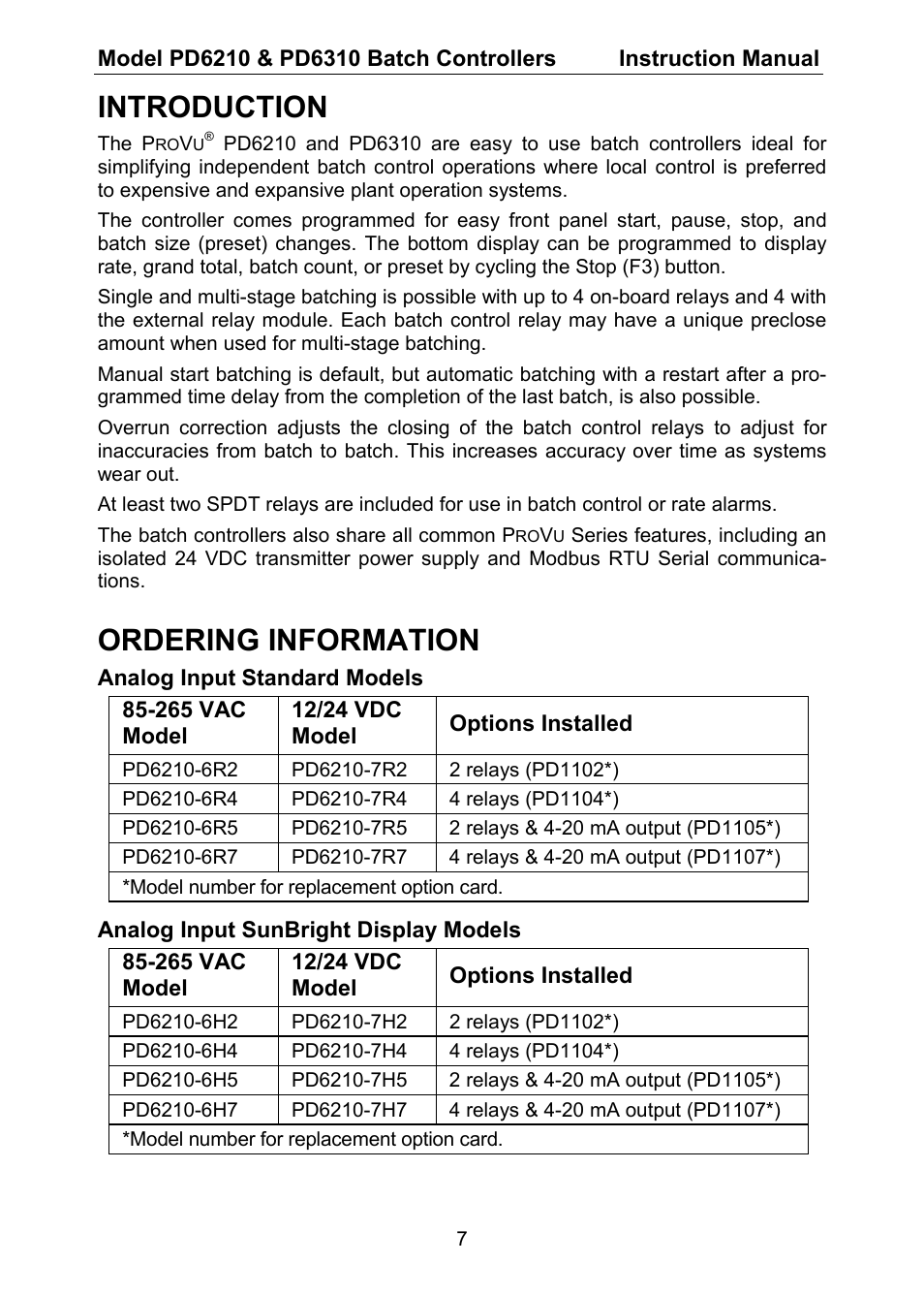 Introduction, Ordering information | Precision Digital PD6310 User Manual | Page 7 / 104