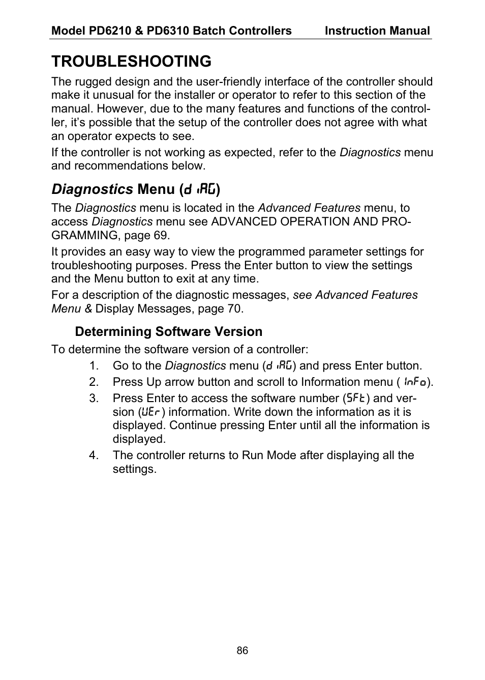 Troubleshooting, Diagnostics menu ( diag ) | Precision Digital PD6310 User Manual | Page 86 / 104