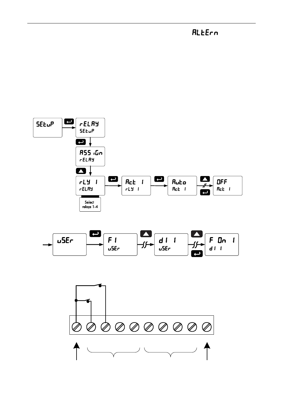 Pump alternation control applications (altern), Setting up the interlock relay (force on) feature, Pump alternation control applications ( altern ) | Precision Digital PD6400 User Manual | Page 60 / 96