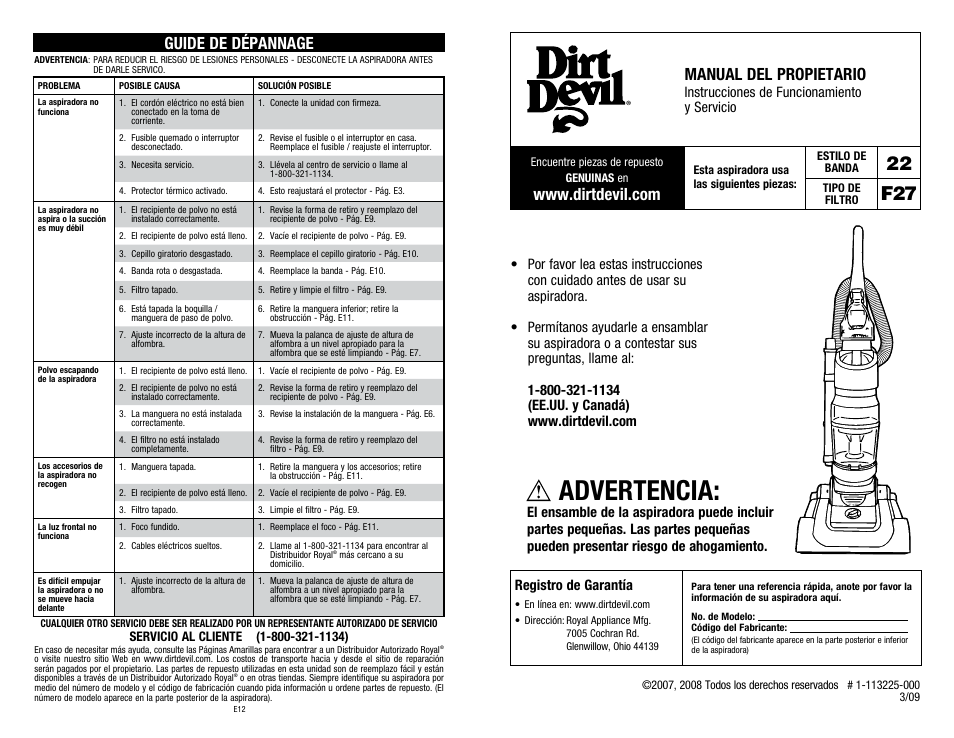 Advertencia, 22 f27, Manual del propietario | Guide de dépannage, Registro de garantía, Instrucciones de funcionamiento y servicio | Dirt Devil 1-113225-000 User Manual | Page 13 / 18