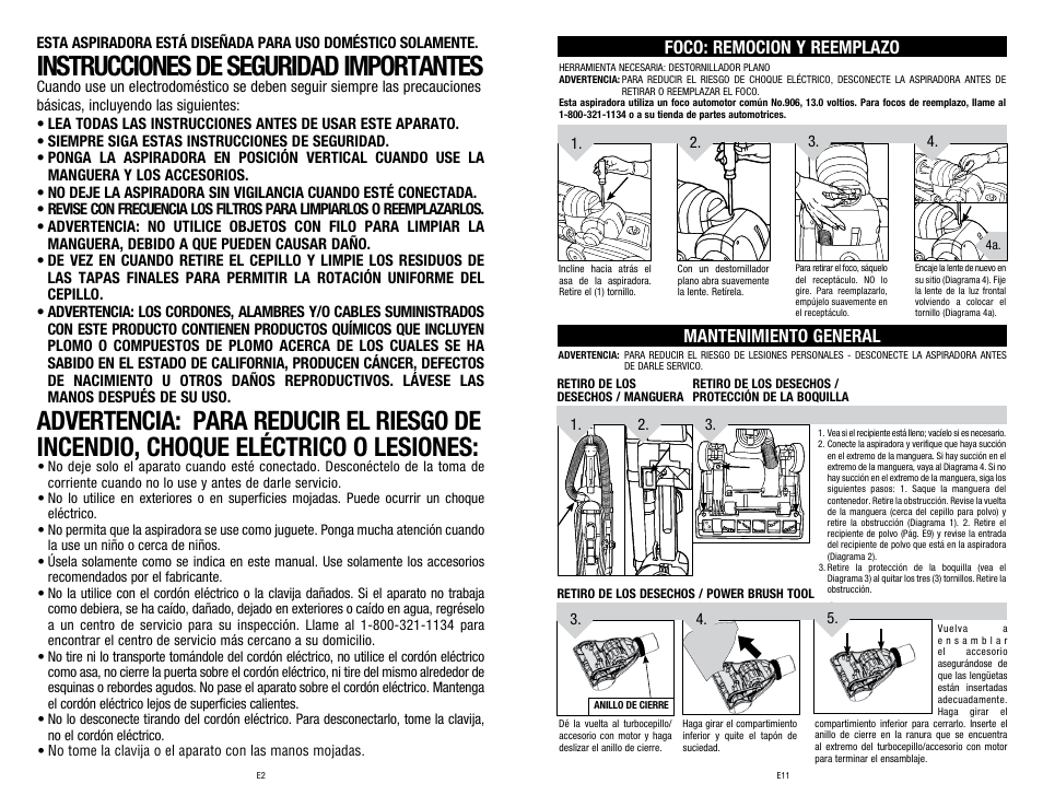 Instrucciones de seguridad importantes, Foco: remocion y reemplazo, Mantenimiento general | Dirt Devil 1-113225-000 User Manual | Page 14 / 18