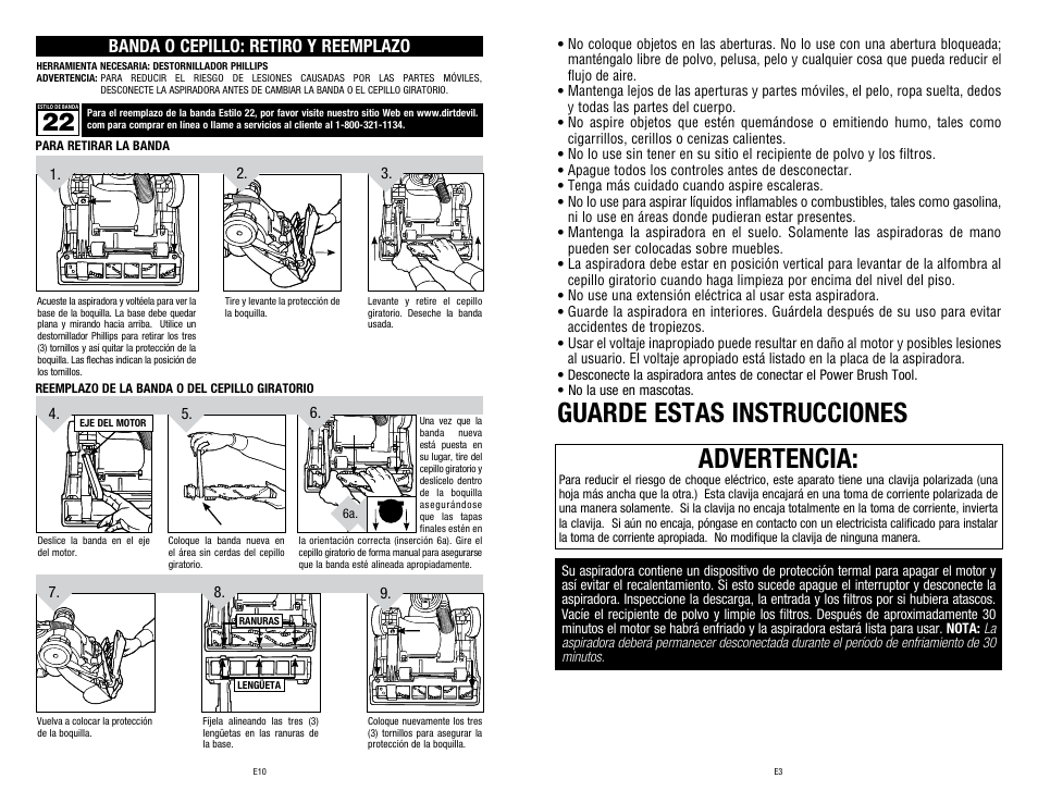 Guarde estas instrucciones, Advertencia, Banda o cepillo: retiro y reemplazo | Dirt Devil 1-113225-000 User Manual | Page 15 / 18