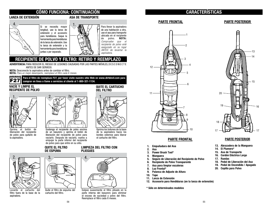 Características, Cómo funciona: continuación, Recipiente de polvo y filtro: retiro y reemplazo | Dirt Devil 1-113225-000 User Manual | Page 17 / 18