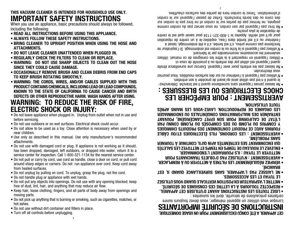 Important safety instructions, Instructions de sécurité importantes | Dirt Devil 1-113225-000 User Manual | Page 2 / 18
