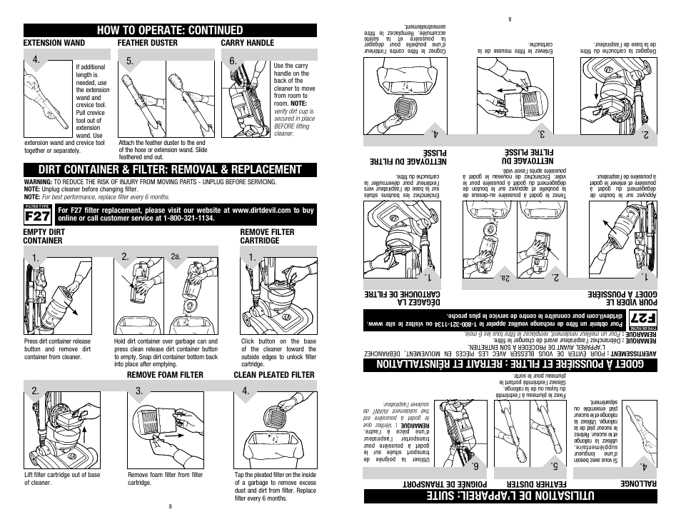 Dirt container & filter: removal & replacement | Dirt Devil 1-113225-000 User Manual | Page 8 / 18