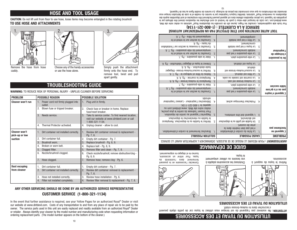 Troubleshooting guide, Guide de dépannage, Hose and tool usage | Utilisation du tuyau et des accessoires | Dirt Devil 1-113217-000 User Manual | Page 10 / 16