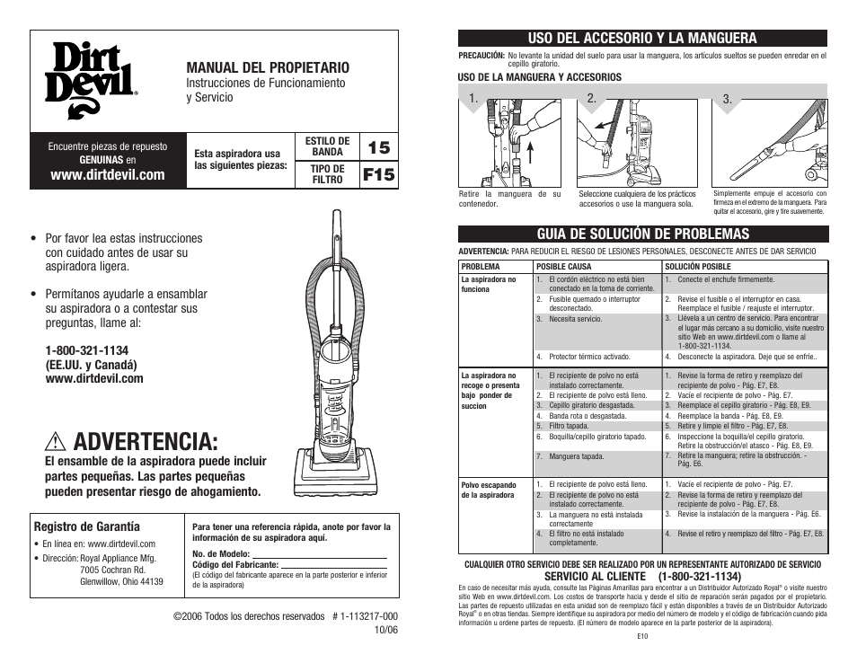 Advertencia, 15 f15, Guia de solución de problemas | Manual del propietario, Uso del accesorio y la manguera | Dirt Devil 1-113217-000 User Manual | Page 12 / 16